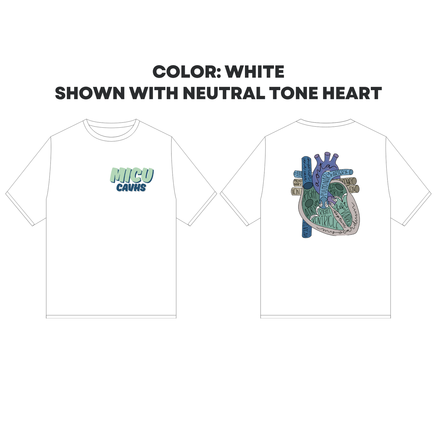 White t-shirt with graphic design on front and back, shown with neutral tone heart.
